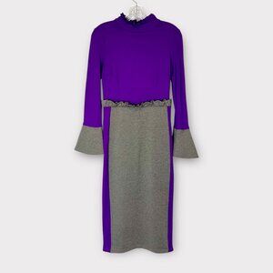 Metisu Womens Colorblock Bell Sleeve Midi Dress Purple Gray Ruffle Detail size M